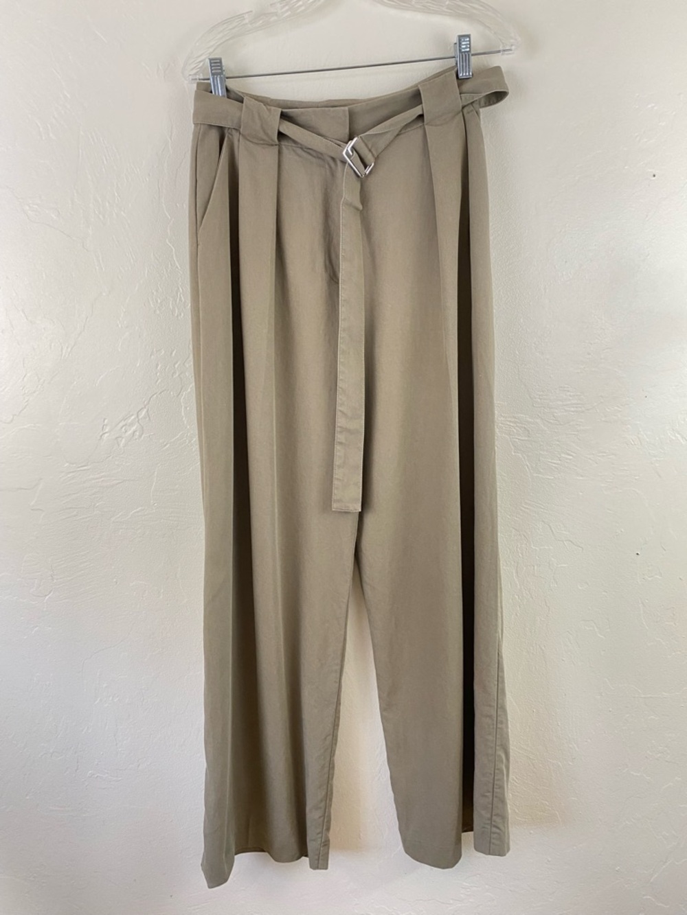 MNG Size 4 Khaki Beige Belted High Waist Straight Leg Trouser Pant